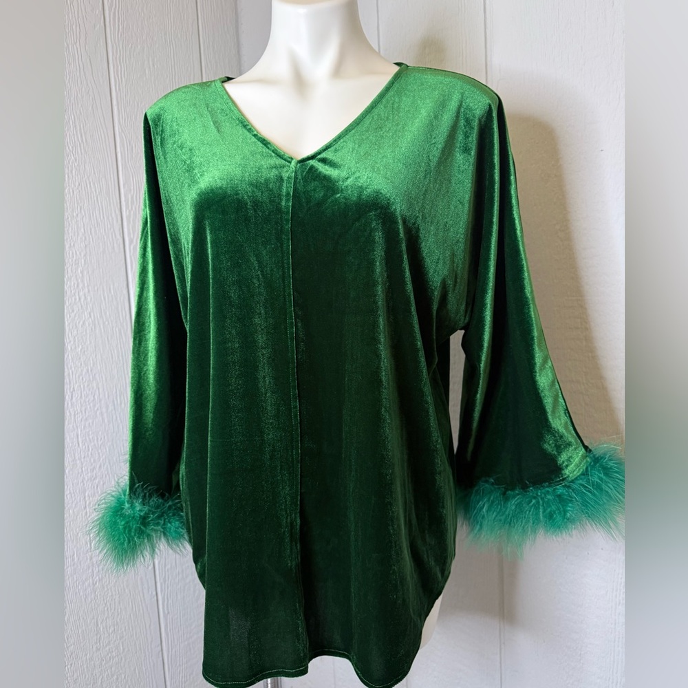 Emerald Velvet Tunic with Feather Trim